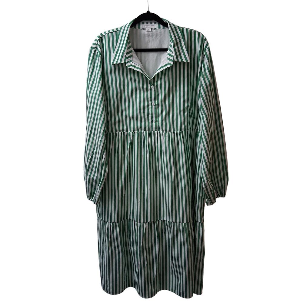 Chic Soul Women Kelly Green/White Striped Midi Dress Ballooned Sleeve Pockets-3X